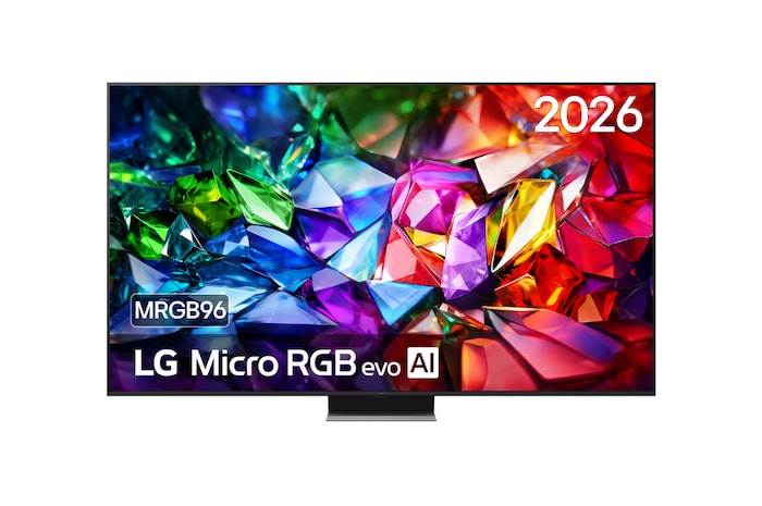 De voorkant van de LG Micro RGB evo AI MRGB95, uitgebracht in 2026, toont een levendig, kristalhelder beeld van scherp gedefinieerde rood-, groene en blauwe facetten, met een 100-inch scherm, webOS, RGB Primary Color Ultra en de α11 AI Processor 4K Gen3.